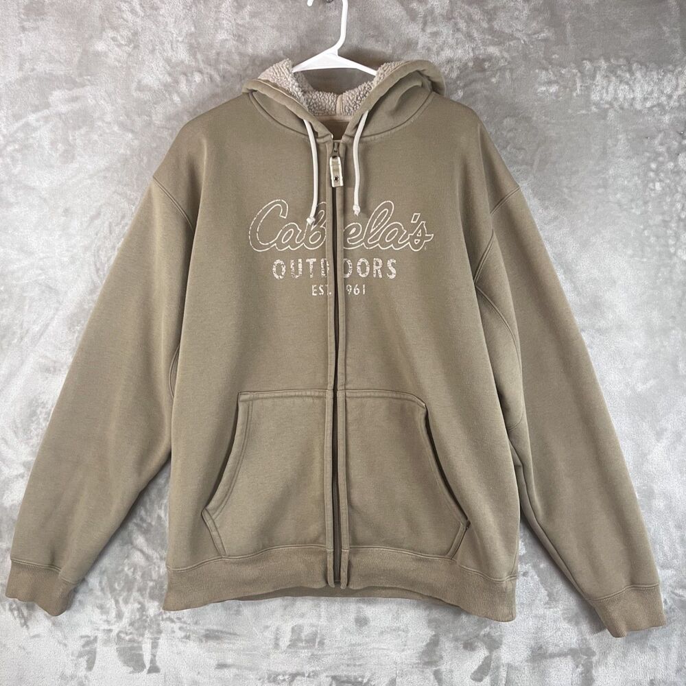 Cabela's Mens L Sherpa Lined Full Zip Hoodie Olive Green Outfitters 1961 Hunting